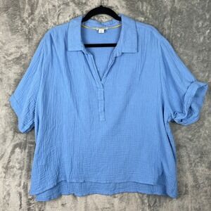 Sundance Top Womens XL Blue V Neck Popover Short Sleeve Bohemian Beachy Shirt